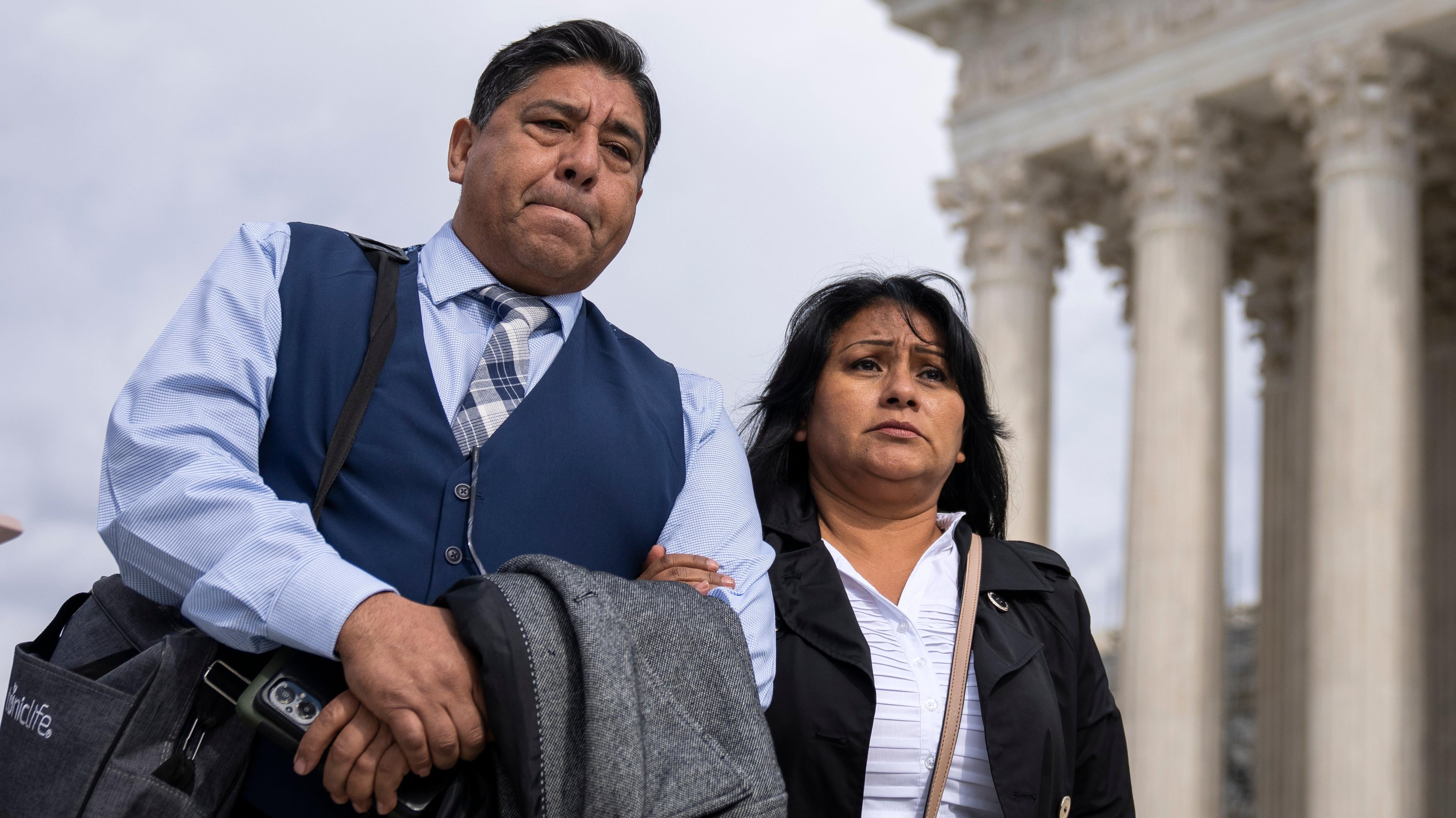 Jose Hernandez and Beatriz Gonzalez, stepfather and mother of Nohemi Gonzalez, who died in a terrorist attack in Paris in 2015, arrive to speak to the press outside of the U.S. Supreme Court following oral arguments in Gonzalez v. Google February 21, 2023 in Washington, DC. (Photo: Drew Angerer, Getty Images)