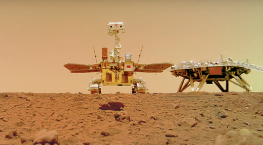 The Zhurong rover and lander shortly after arriving on Mars. The photo was captured by a deployable camera.  (Photo: China News Service)