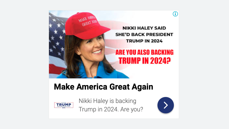 This misleading ad was sent to people who were in the area of a Haley campaign event Monday (Screenshot: Trump Save America Joint Fundraising Committee / Google)