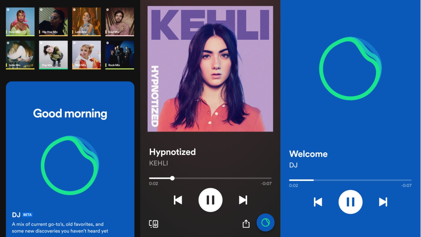 X, Spotify's new AI-powered DJ, is a cute little green circle that recommends you music and commentates on the songs you're listening to.  (Image: Spotify)