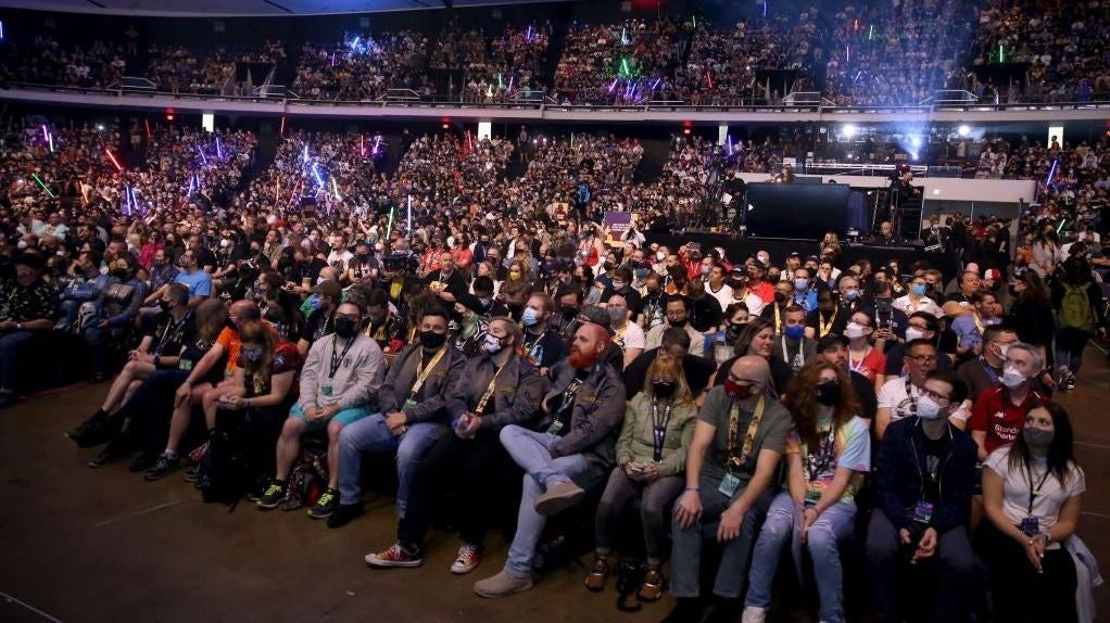 Fans attend a crowded panel at Star Wars Celebration 2022. (Photo: Jesse Grant/Getty Images for Disney, Getty Images)