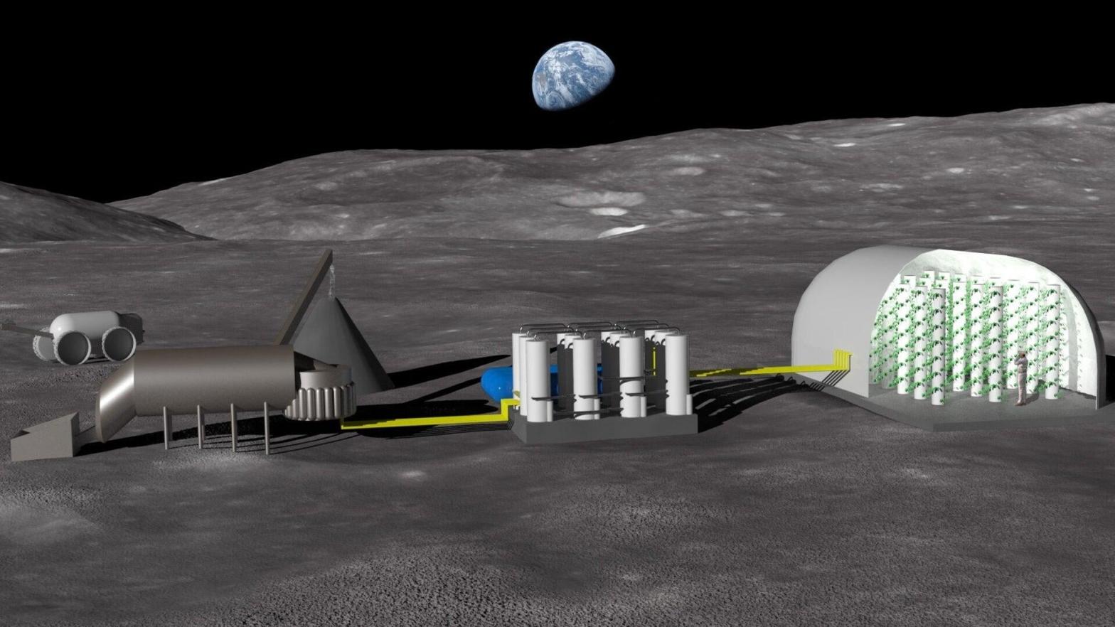 An artist's rendering of a plant designed to create nutrient-rich water from lunar soil. The regolith passes through a sorter (left), then a processing plant to extract nutrients (middle), before being dissolved in water and fed into a hydroponic greenhouse (right). (Image: Solsys Mining)