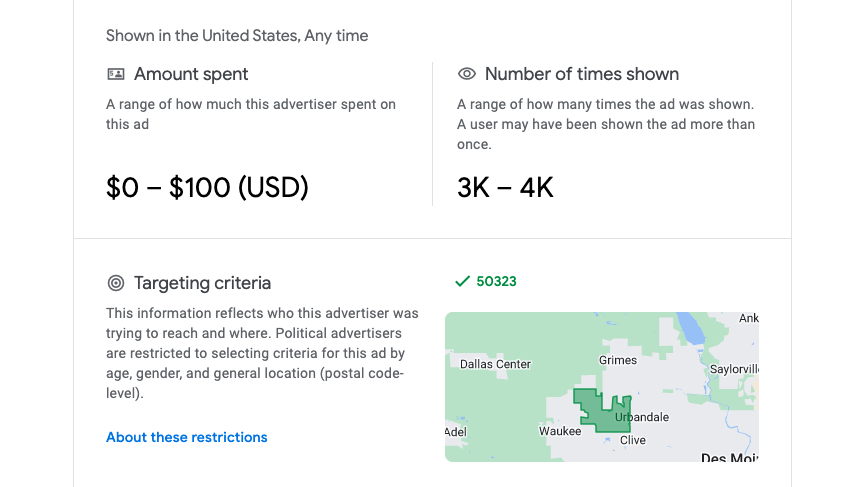 Data from Google's political ad database, detailing the metrics and targeting criteria for one of the ads.  (Screenshot: Google)
