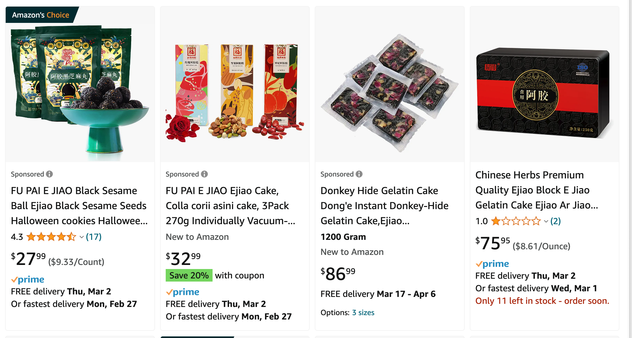 One product explicitly labelled as 'Donkey Hide Gelatin' was picked up in the sponsored section of Amazon's marketplace. (Screenshot: Amazon/Gizmodo)