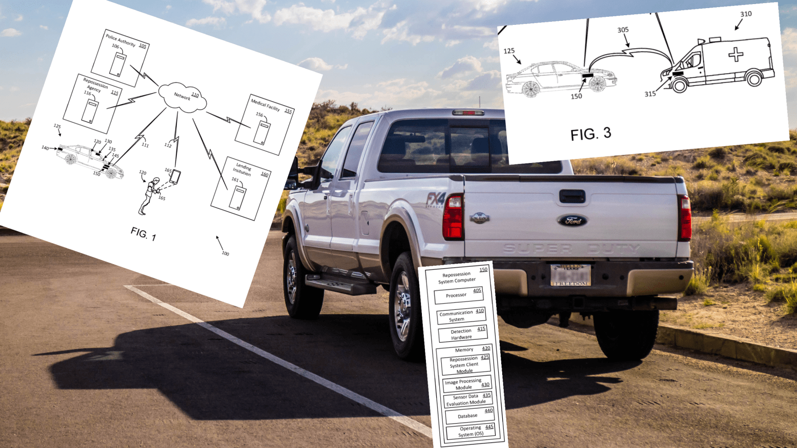 Imagine watching your Ford pickup truck speeding off to deliver itself to a junkyard because you missed one too many car payments. A sampling of the schematics Ford included in its patent application are overlaid above.  (Image: Shutterstock / Gizmodo)