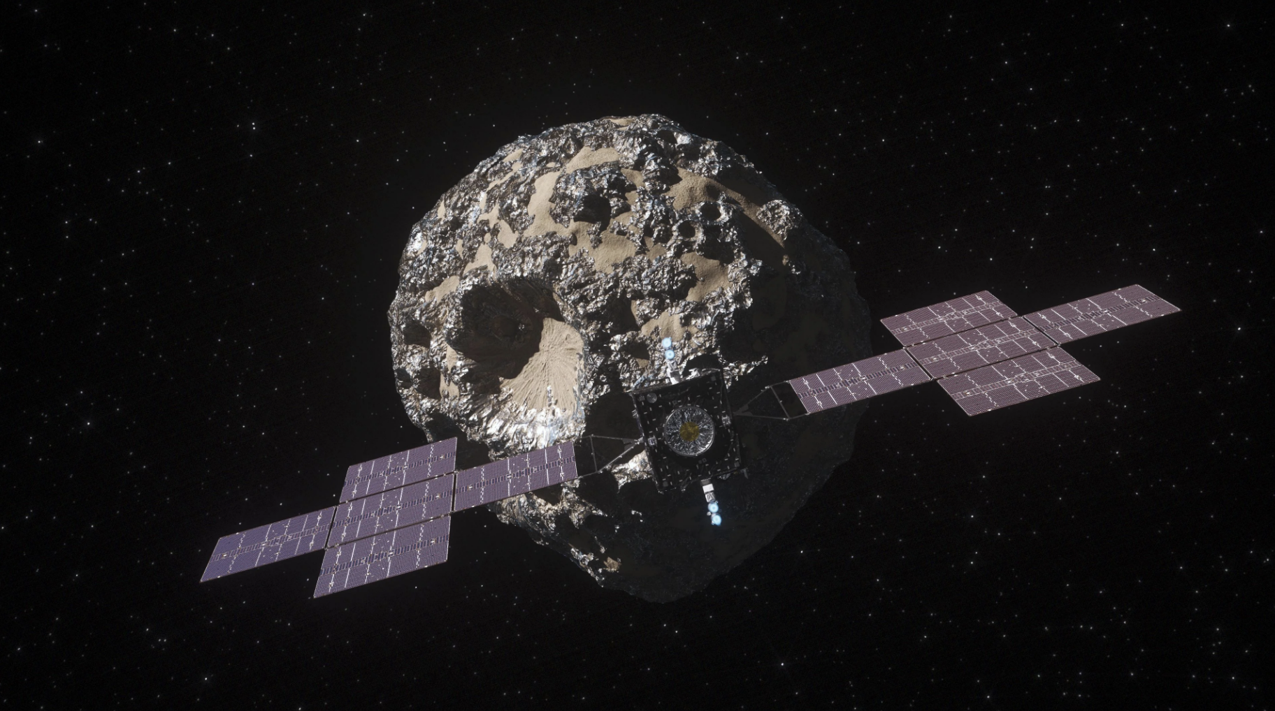 Conceptual image of Psyche mission to a heavily metallic asteroid.  (Image: NASA)