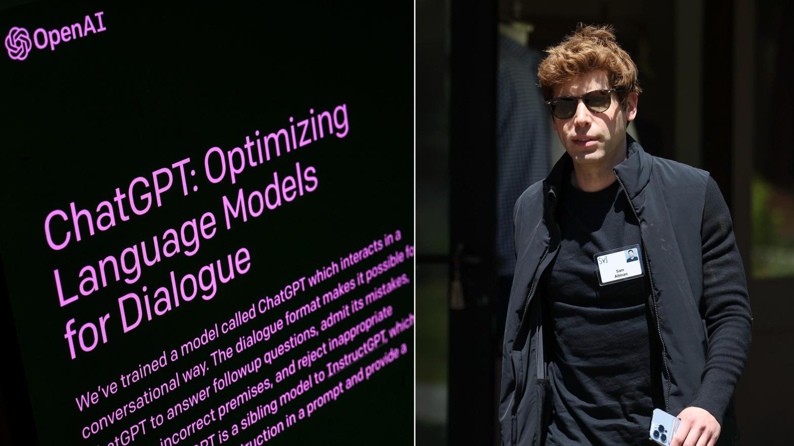 OpenAI CEO Sam Altman, right, reiterated that data submitted to the company through the ChatGPT API won't be used for AI training. The new API is an effort to make the company the go-to shop for any company looking to implement AI into its systems. (Photo: Leon Neal/Kevin Dietsch, Getty Images)