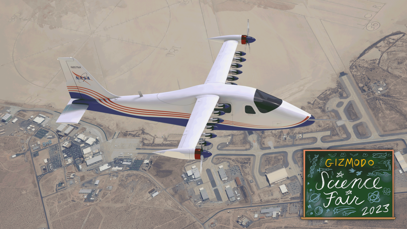 An artist's impression of the final form of the X-57 Maxwell in flight over California. (Image: Rendering: NASA Langley / Advanced Concepts Lab, AMA, Inc. Graphics: Vicky Leta)