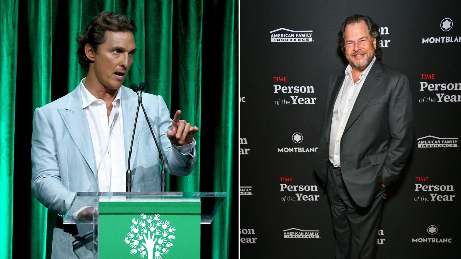 Actor Matthew McConaughey and Salesforce CEO Marc Benioff are reportedly friends. The actor has stayed on as Salesforce promoter despite major layoffs from this past month. (Photo: Dia Dipasupil / Slaven Vlasic / Gizmodo, Getty Images)