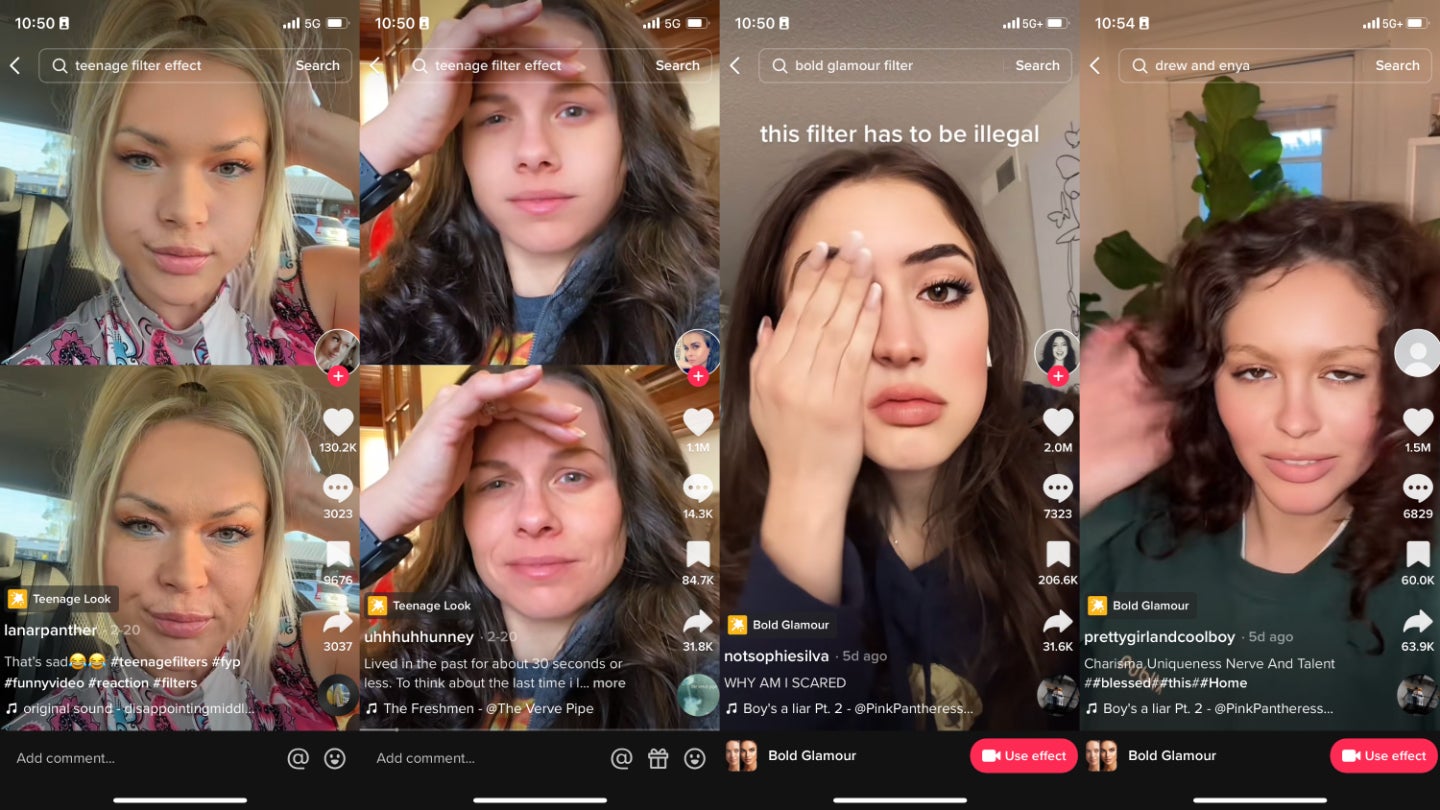 The TikTok filters Teenage Look (left) and Bold Glamour (right) are incredibly effective at working in the wake of obstacles like hands, which cause previous mesh-based filters to glitch. (Screenshot: Gizmodo/lanarpanther/uhhhuhhunney/notsophiesilva/prettygirlandcoolboy)
