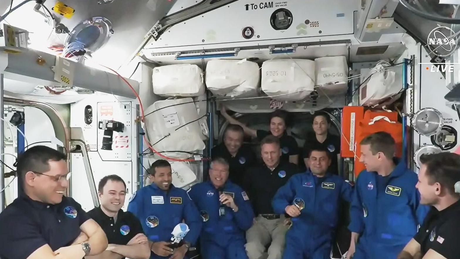The Expedition 68 crew members welcoming Crew-6 members on board the space station. (Photo: NASA TV)