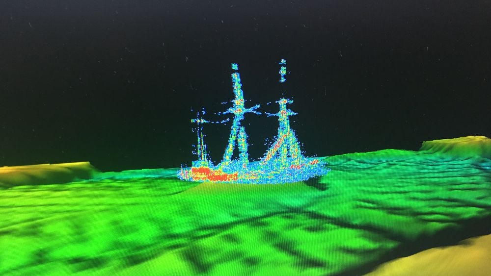 A sonar image of the Ironton sitting upright, with all three masts intact, on the bottom of Lake Huron.  (Image: Ocean Exploration Trust/NOAA)