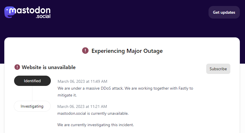 Mastodon attributed its own outage to an attack, but the site likely also received a spike in genuine user traffic following the Twitter problems.  (Screenshot: Mastodon / Gizmodo)