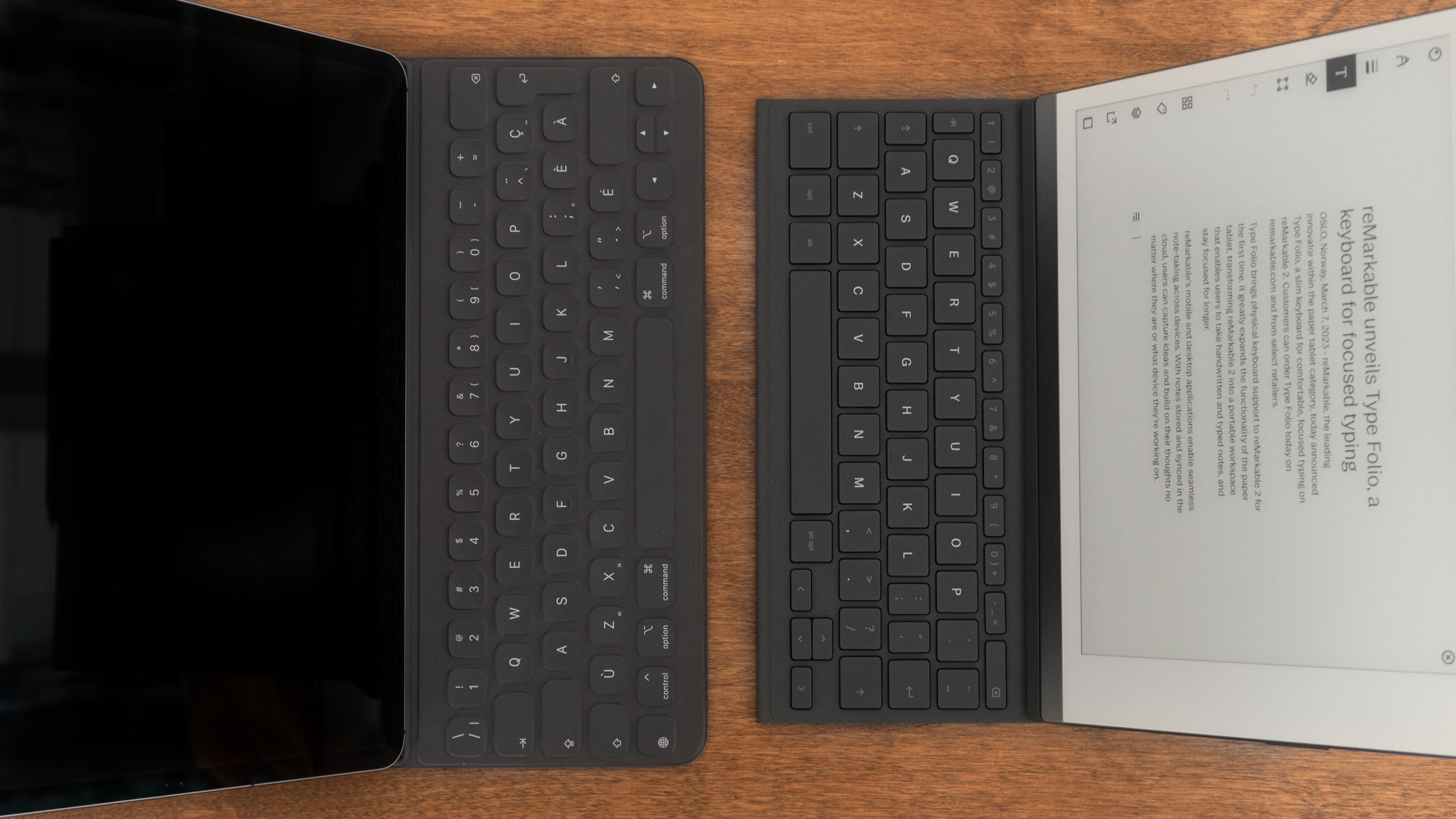 The Type Folio case (right) uses a compact, squished keyboard layout that my large hands found a little cramped, but it was still very useable, and a big improvement over the reMarkable 2's on-screen keyboard. (Photo: Andrew Liszewski | Gizmodo)