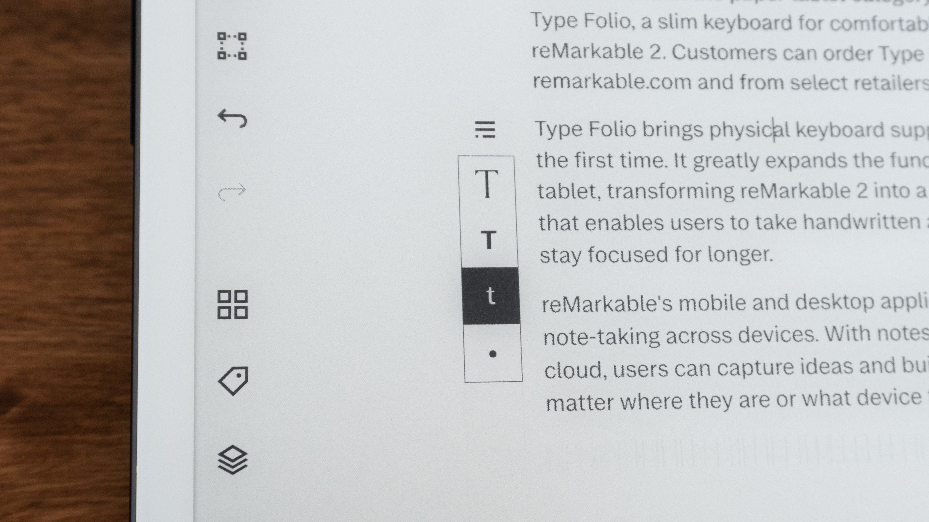 The text formatting options on the reMarkable 2 are currently very limited given it's still designed to be a basic note-taking tool. (Photo: Andrew Liszewski | Gizmodo)