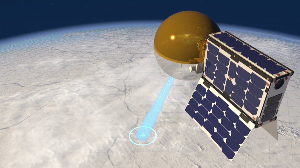An artist's impression of the CatSat and beachball-esque antenna, which features a clear bottom half and a reflective, aluminium-coated top half that will reflect data down to Earth.  (Illustration: FreeFall Aerospace)