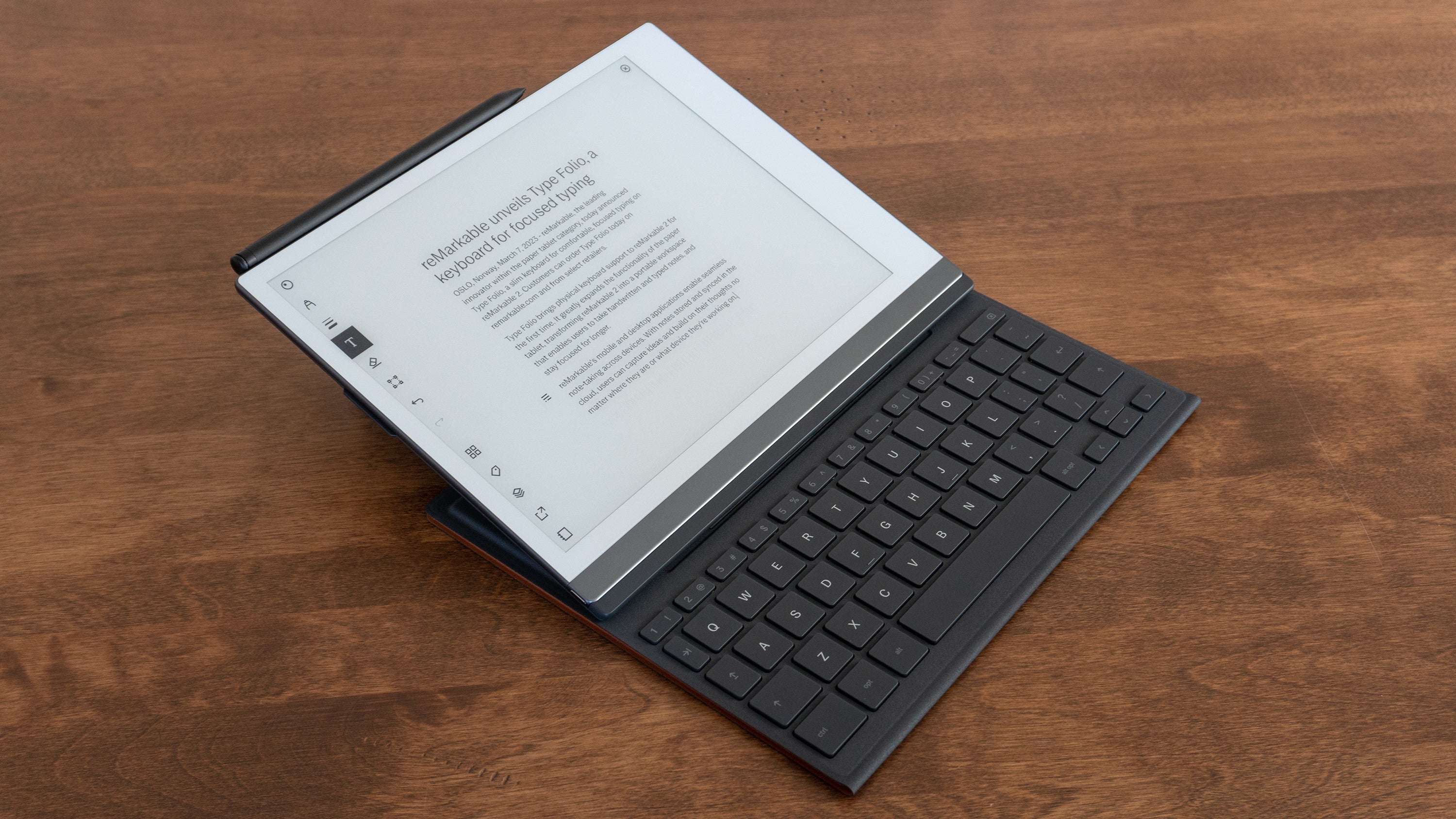 The reMarkable 2 can be set at a very low angle when connected to the Type Folio case, allowing for easier typing and stylus use at the same time. (Photo: Andrew Liszewski | Gizmodo)