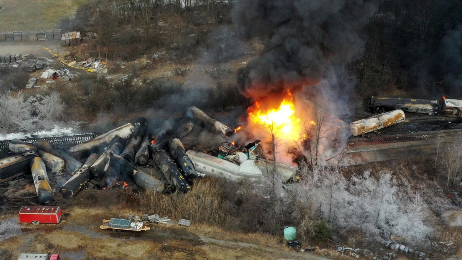 Portions of a Norfolk and Southern freight train that derailed this Feb. 3, still on fire at mid-day Saturday, Feb. 4, 2023. (Photo: Gene J. Puskar, AP)