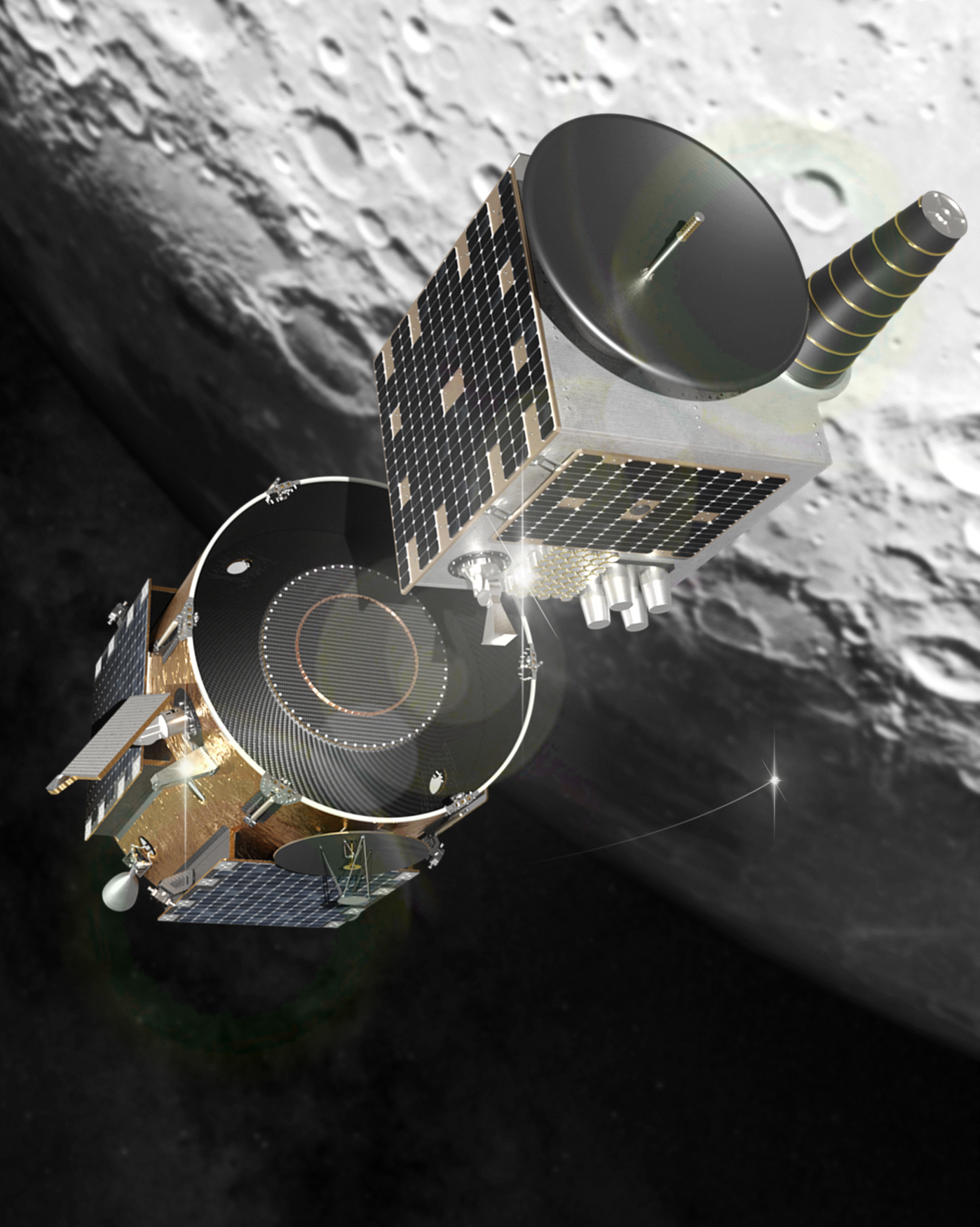 Depiction of Firefly's Blue Ghost transfer vehicle deploying the European Lunar Pathfinder satellite to lunar orbit.  (Image: Firefly Aerospace)