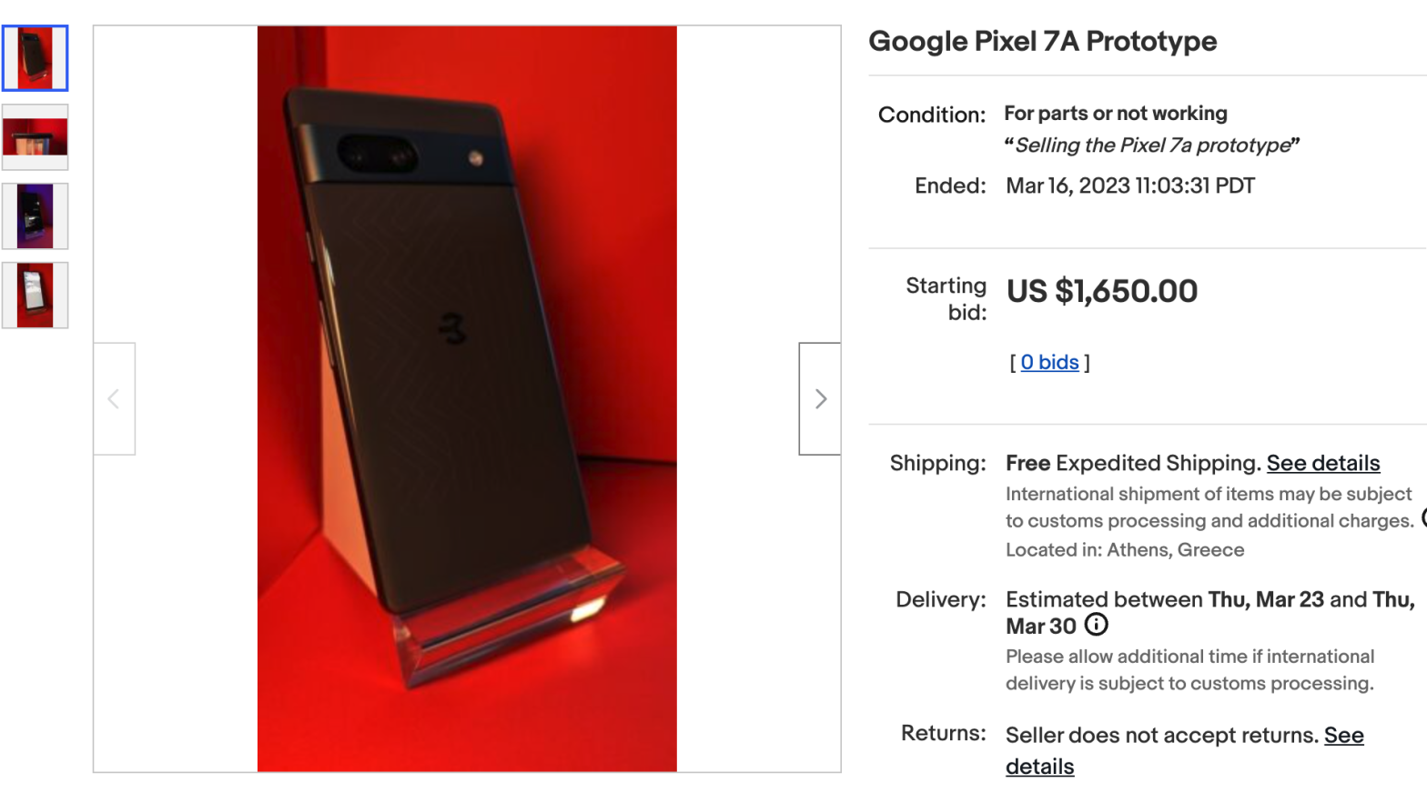This listing for what's supposedly a Pixel 7a shows it has previously hinted-at twin 12-MP cameras, 8GB of RAM and 128GB of memory. (Screenshot: eBay/nikoskom-94)