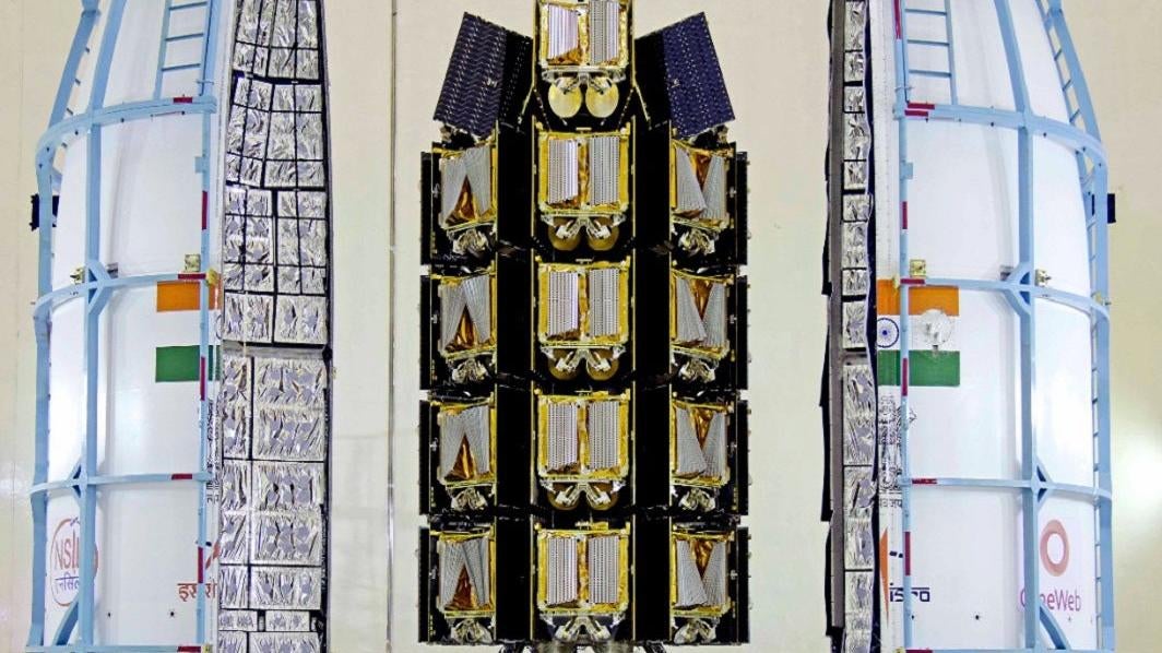 The OneWeb satellites tucked inside India's GSLV Mark III rocket. (Photo: OneWeb)