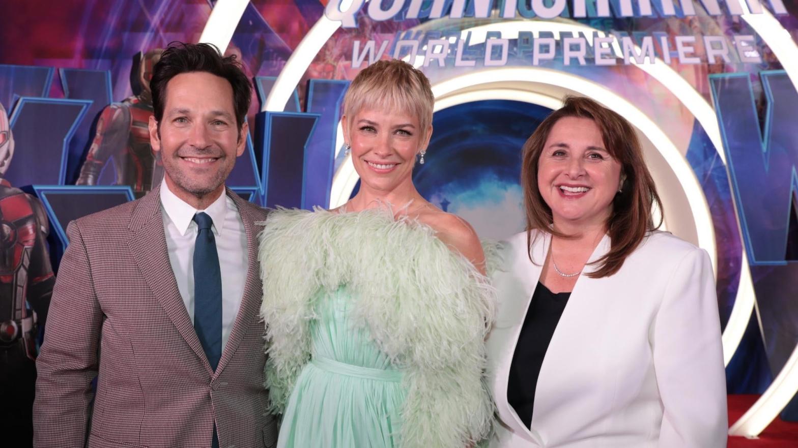 Victoria Alonso, seen here (far right) at the premiere of Ant-Man and the Wasp Quantumania with stars Paul Rudd and Evangeline Lilly, has left Marvel. (Photo: Alex J. Berliner/ABPhotos/Disney)