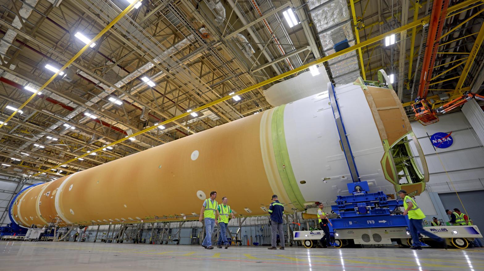 The Space Launch System (SLS) rocket's core stage for Artemis 2 at the Michoud Assembly Facility in New Orleans. (Photo: NASA)