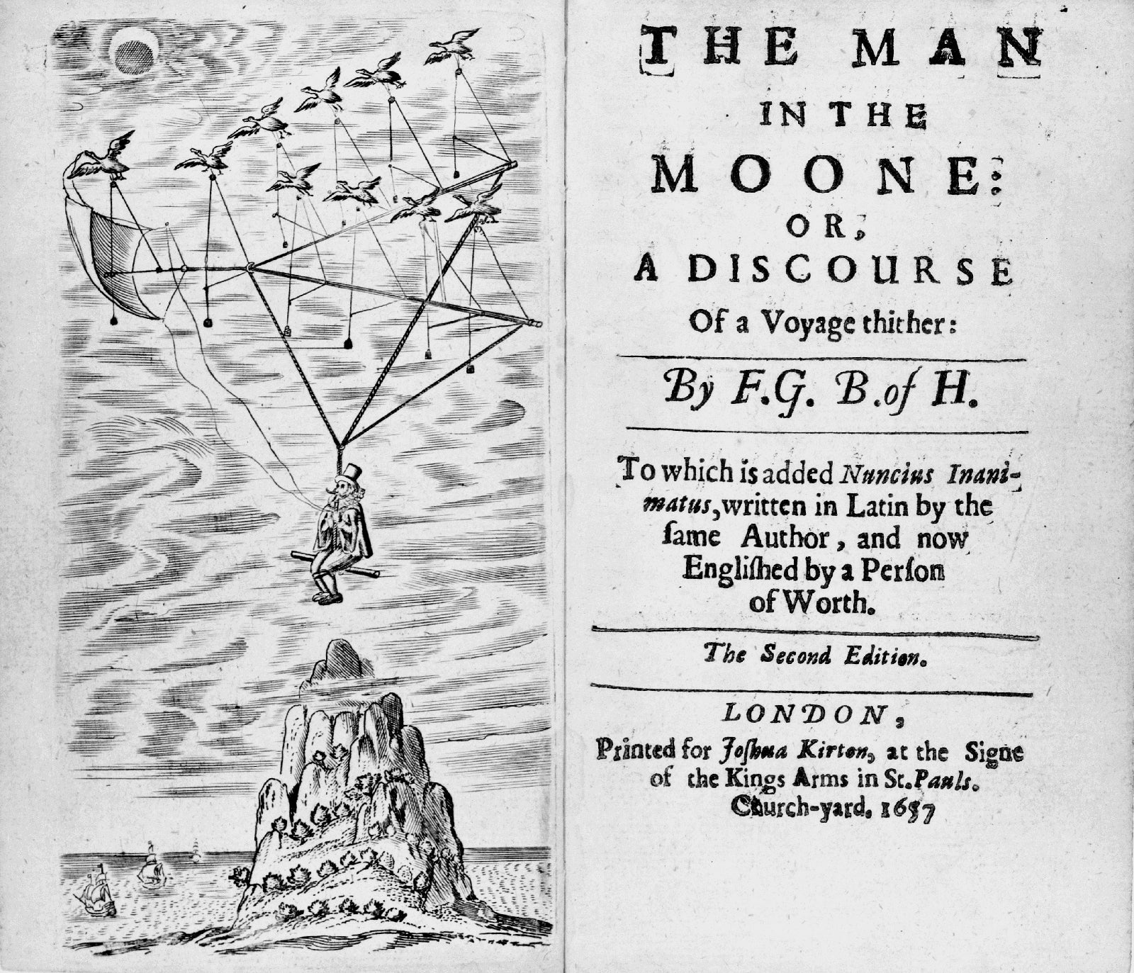 The frontispiece and title page of the second edition of Francis Godwin's The Man in the Moone. (Image: Wikimedia Commons)