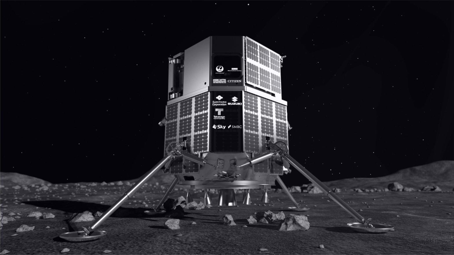 An illustration of the Hakuto-R lander on the surface of the Moon. (Illustration: ispace)