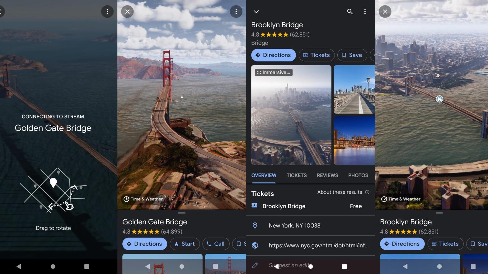 Google's immersive view feature as seen on a Google Pixel 7. Accessing it requires navigating to a notable landmark like the Brooklyn or Golden Gate bridges then clicking on the main image. (Screenshot: Florence Ion / Gizmodo)