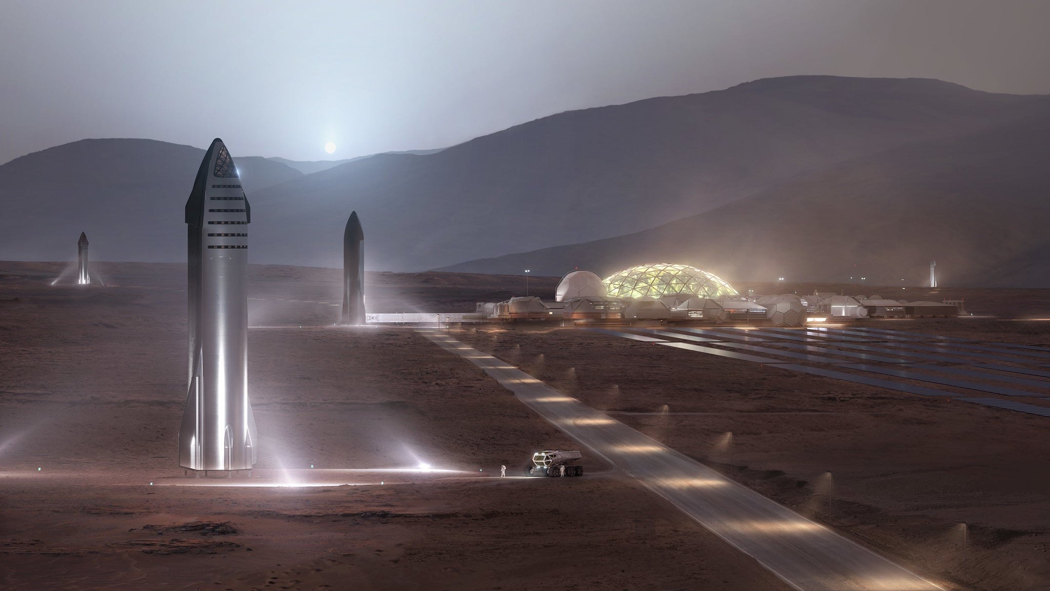 Artist's conception of a Martian colony, with Starships nearby.  (Image: SpaceX)