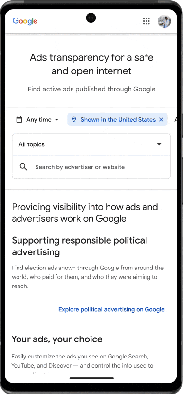 How to access the new Google Ad Transparency Centre. (Gif: Google)