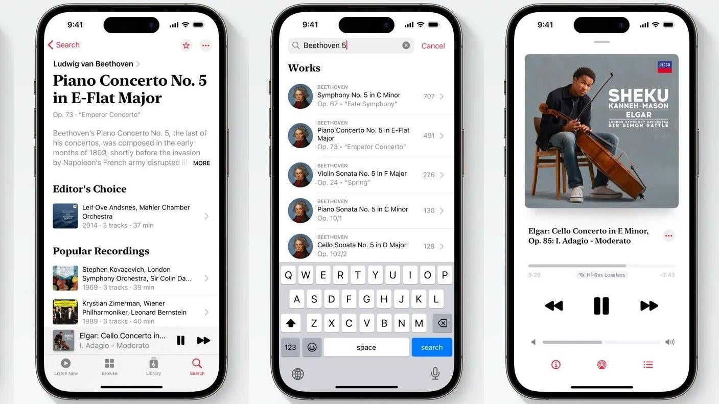 Each on Apple Music Classical can include dozens of different recordings from separate orchestras. (Image: Apple/Gizmodo)