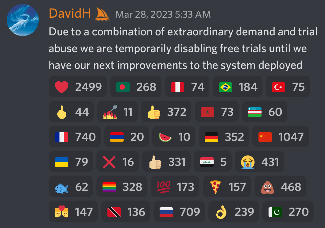 An announcement from Midjourney CEO, David Holz, in the company's Discord, suspending free trials. (Screenshot: Gizmodo / Discord)