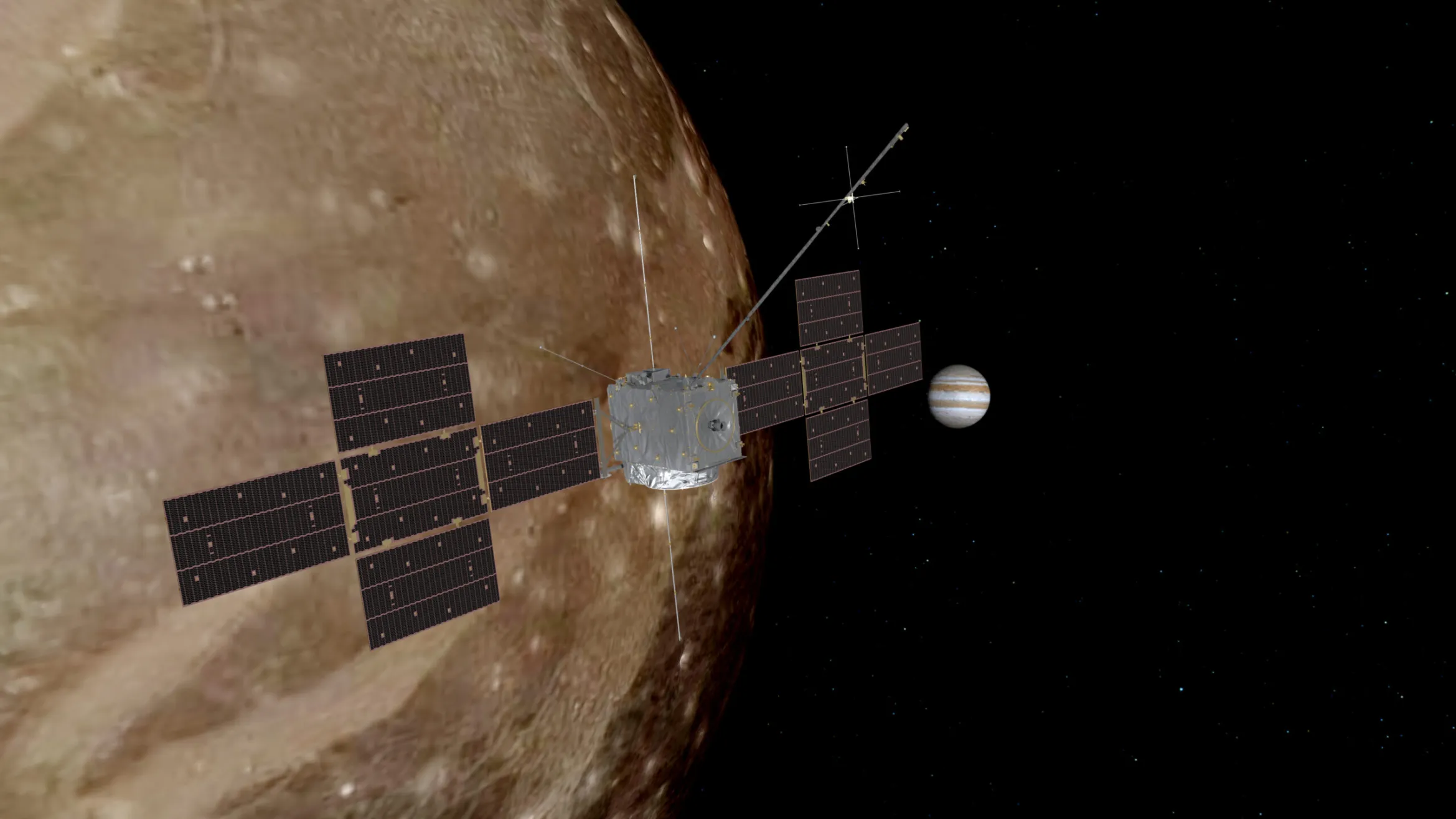 Artist's conception of JUICE flying past Ganymede.  (Image: JAXA)