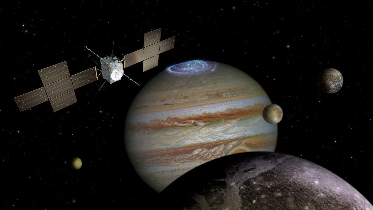 Artist's concept of JUICE spacecraft at Jupiter (not to scale). (Image: ESA)