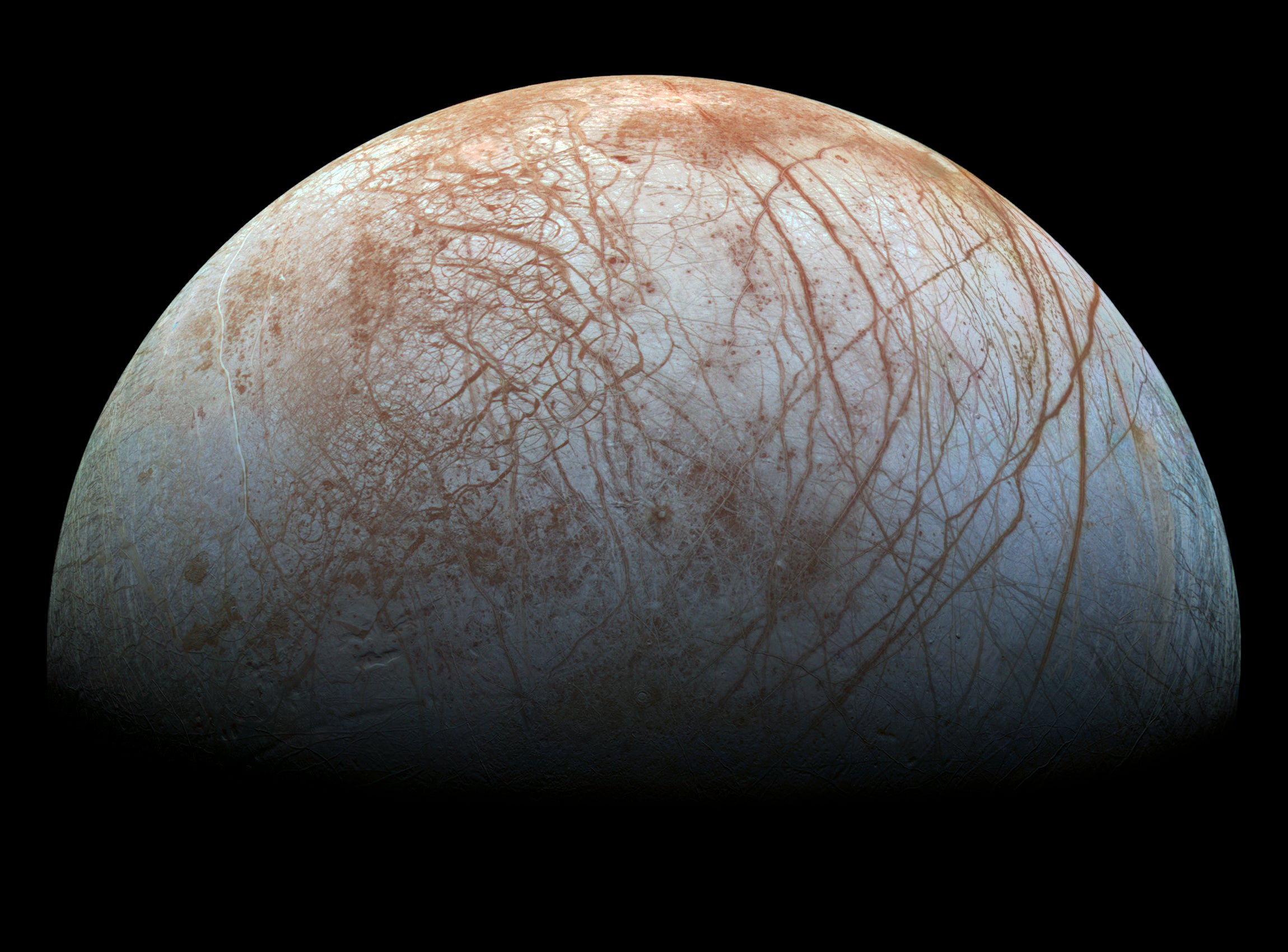 Ice-covered Europa, as imaged by the Galileo probe.  (Photo: NASA/JPL-Caltech/SETI Institute)