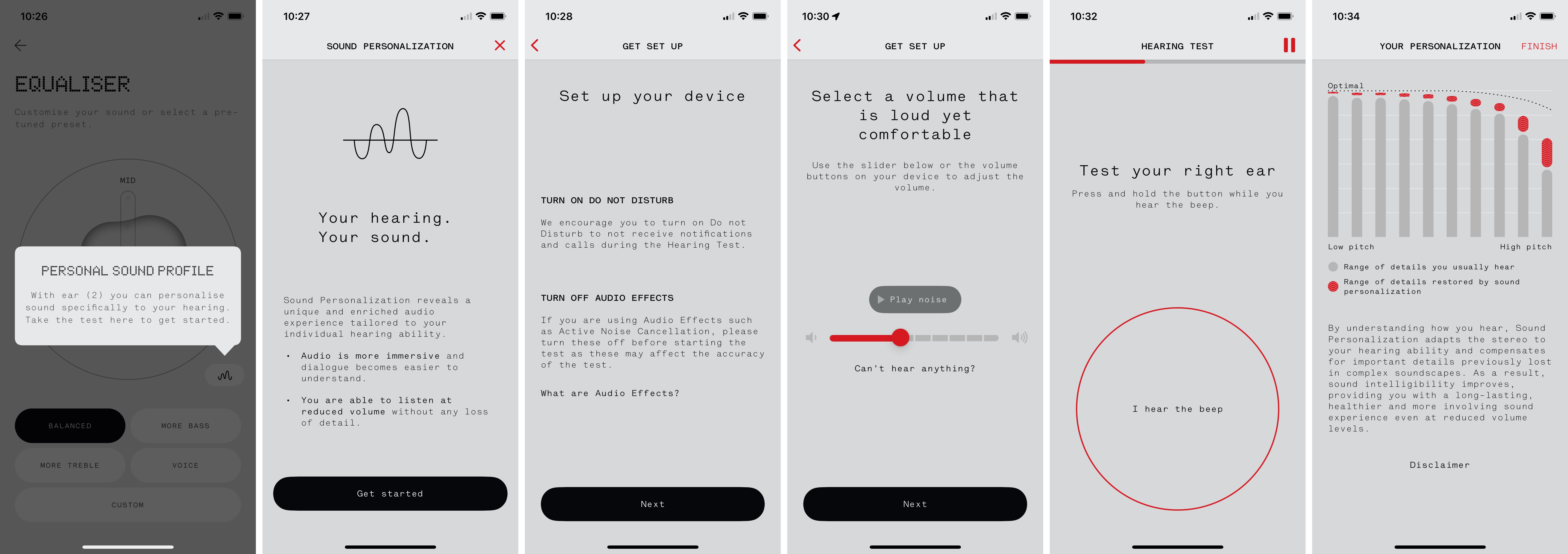 The steps involved in taking the Ear (2)'s Personal Sound Profile hearing test through the Nothing X app. (Screenshot: Andrew Liszewski | Gizmodo)