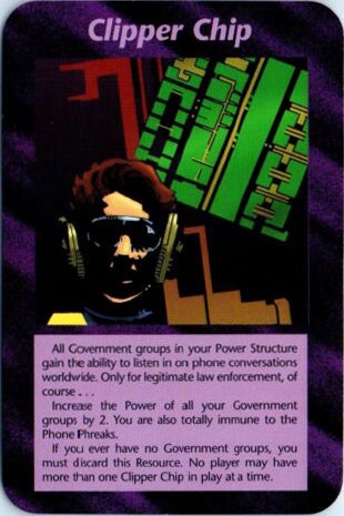 In 1994, Steve Jackson Games released Illuminati: New World Order collectible card game. It included a card themed around the Clipper Chip. (Image: Steve Jackson Games)