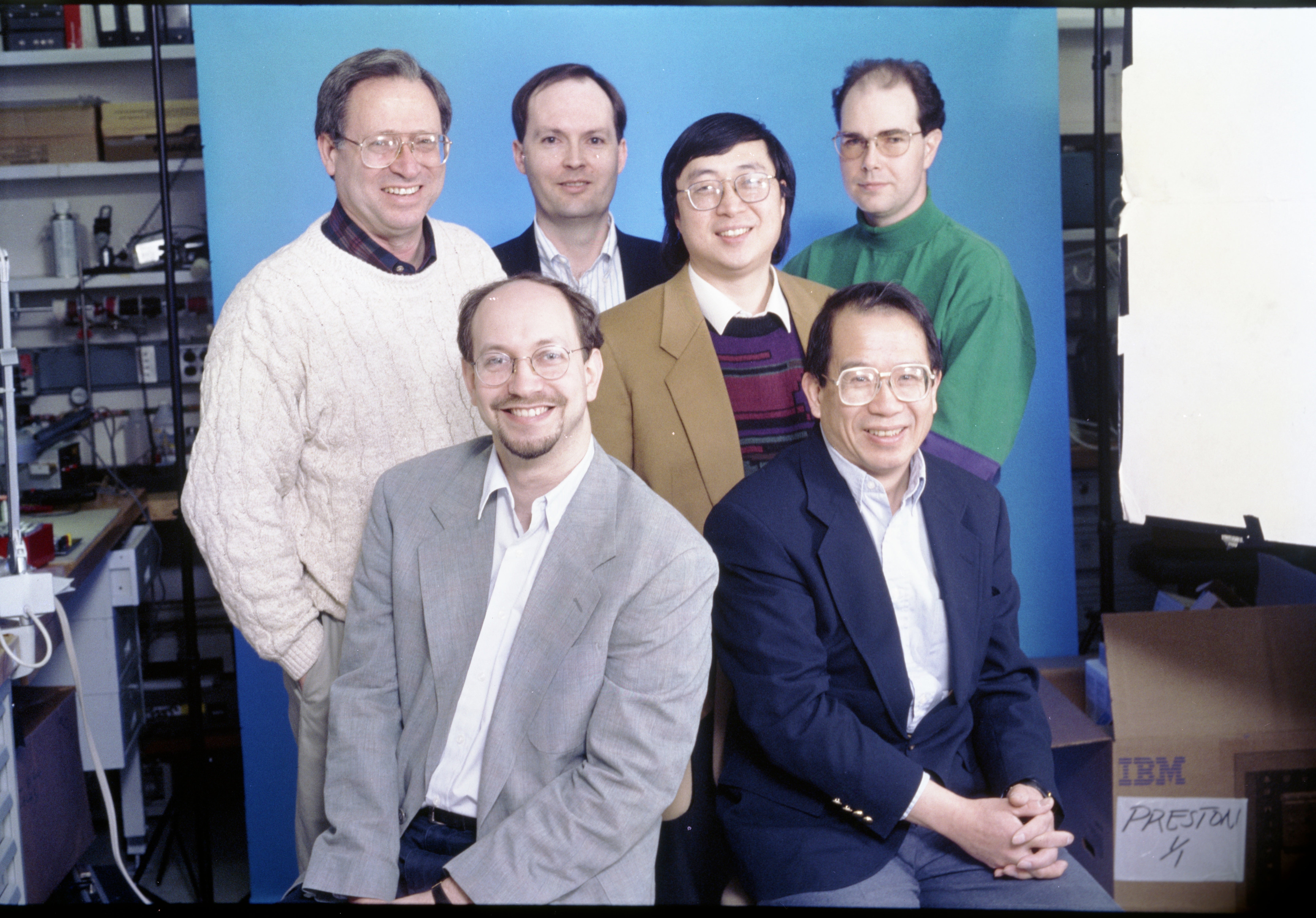 The Deep Blue team. Clockwise from the top left: Jerry Brody, Murray Campbell, Feng-hsiung Hsu, Joseph Hoane Jr., Chung-Jen Tan, and Joel Benjamin. (Photo: Courtesy of IBM)