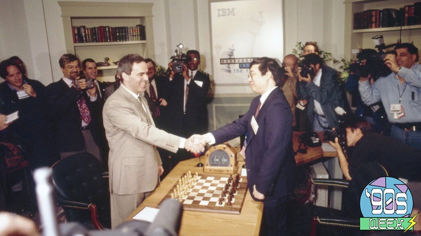 Kasparov (left) shakes hands with IBM's Feng-hsiung Hsu, Deep Blue's principal designer. (Photo: Courtesy of IBM)