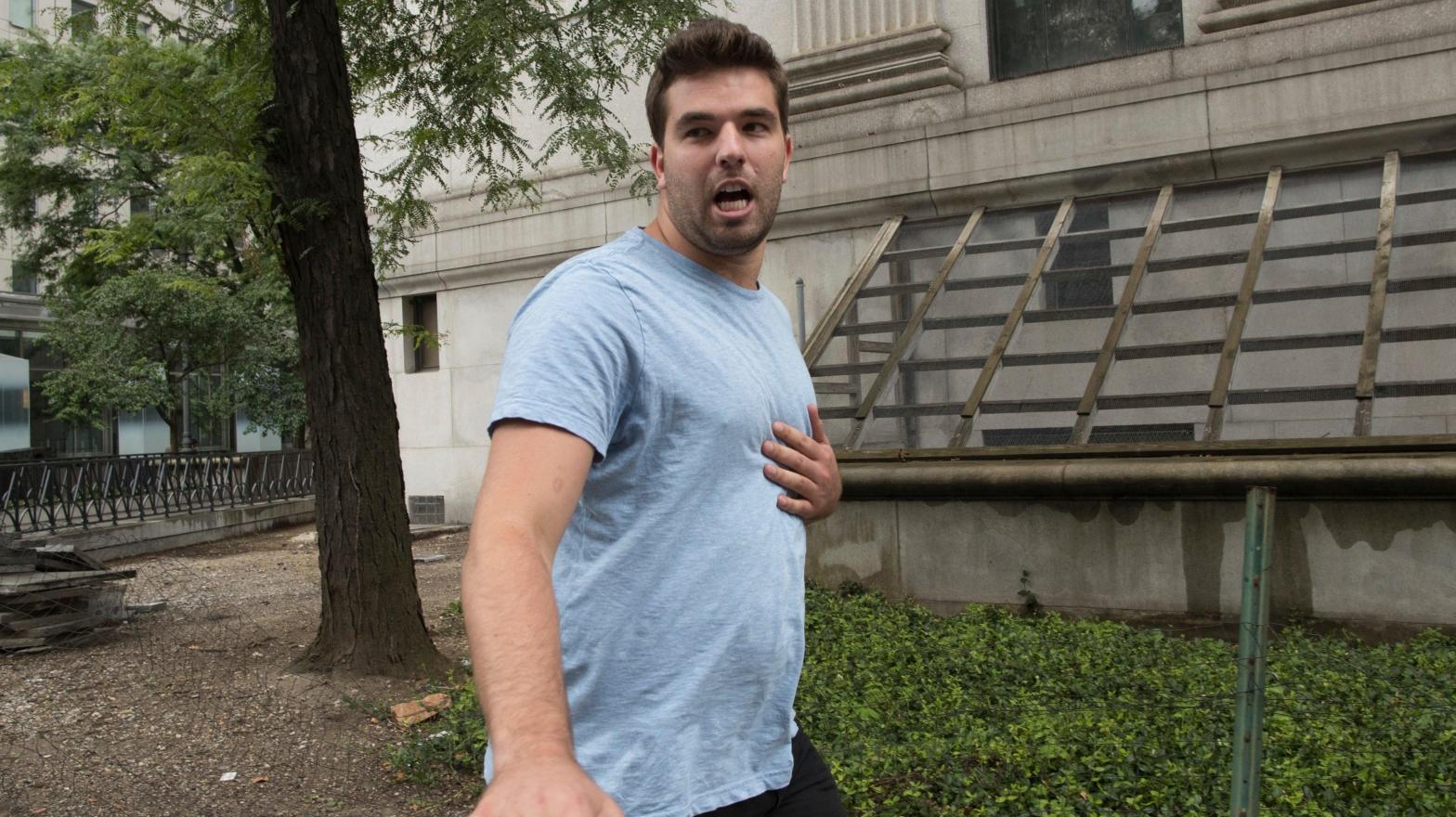 McFarland in 2017, leaving federal court following his arraignment in New York City after Fyre Festival. (Image: Mary Altaffer, AP)