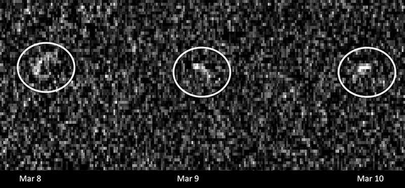 Radar observations of asteroid Apophis on March 8, 9, and 10, 2021 during its last close approach to Earth before its 2029 flyby. (Image: NASA/JPL-Caltech and NSF/AUI/GBO)