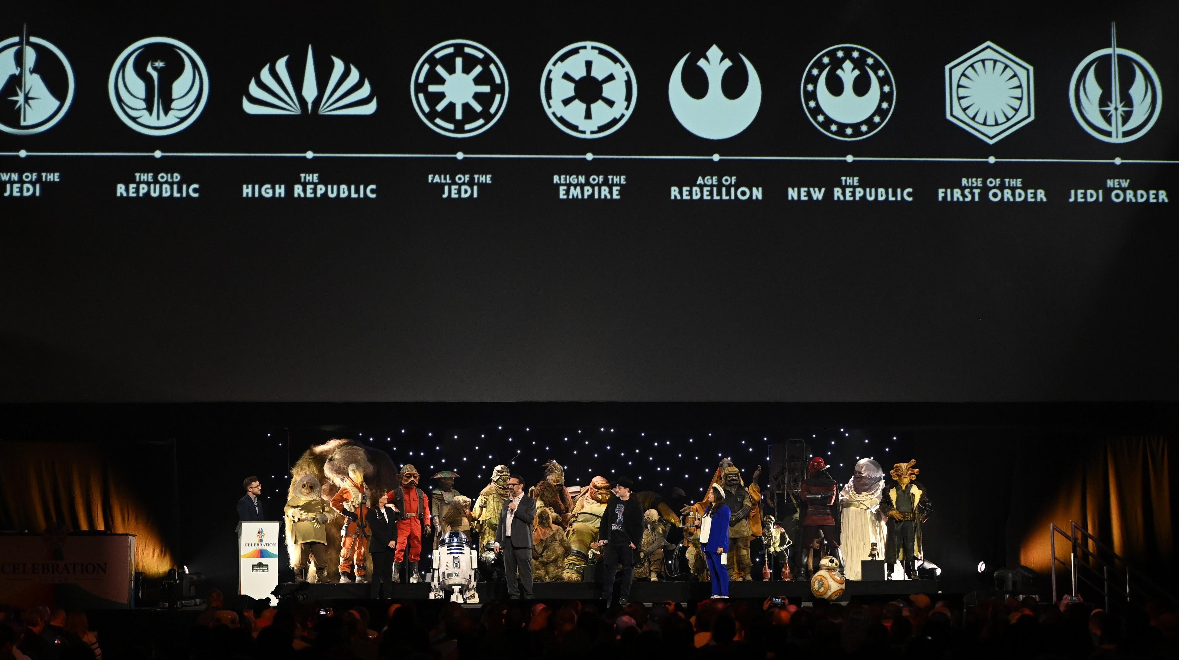 The filmmakers with a timeline of all of Star Wars. (Image: Disney)