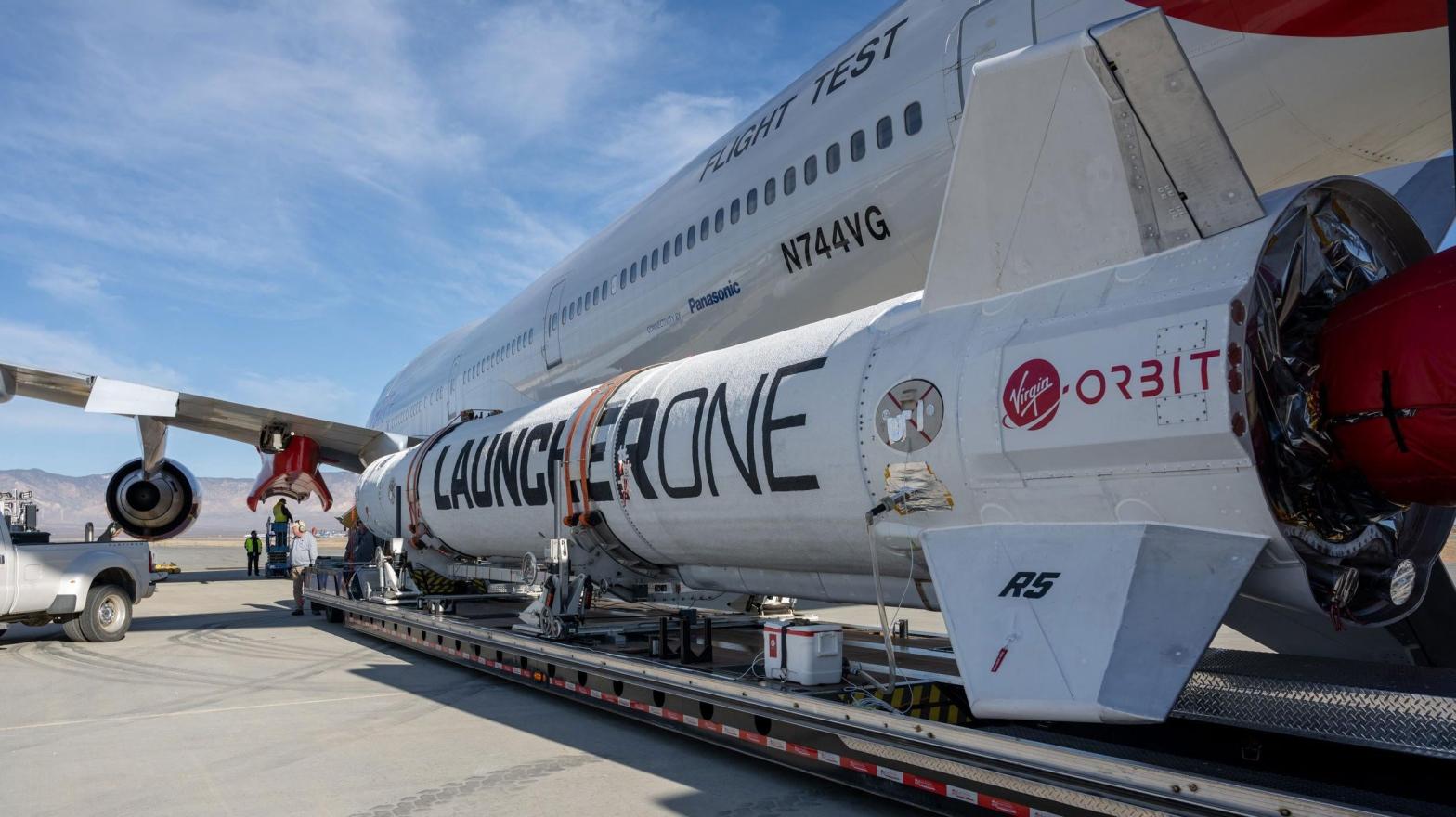 LauncherOne being loaded onto the carrier aircraft. (Photo: Virgin Orbit)