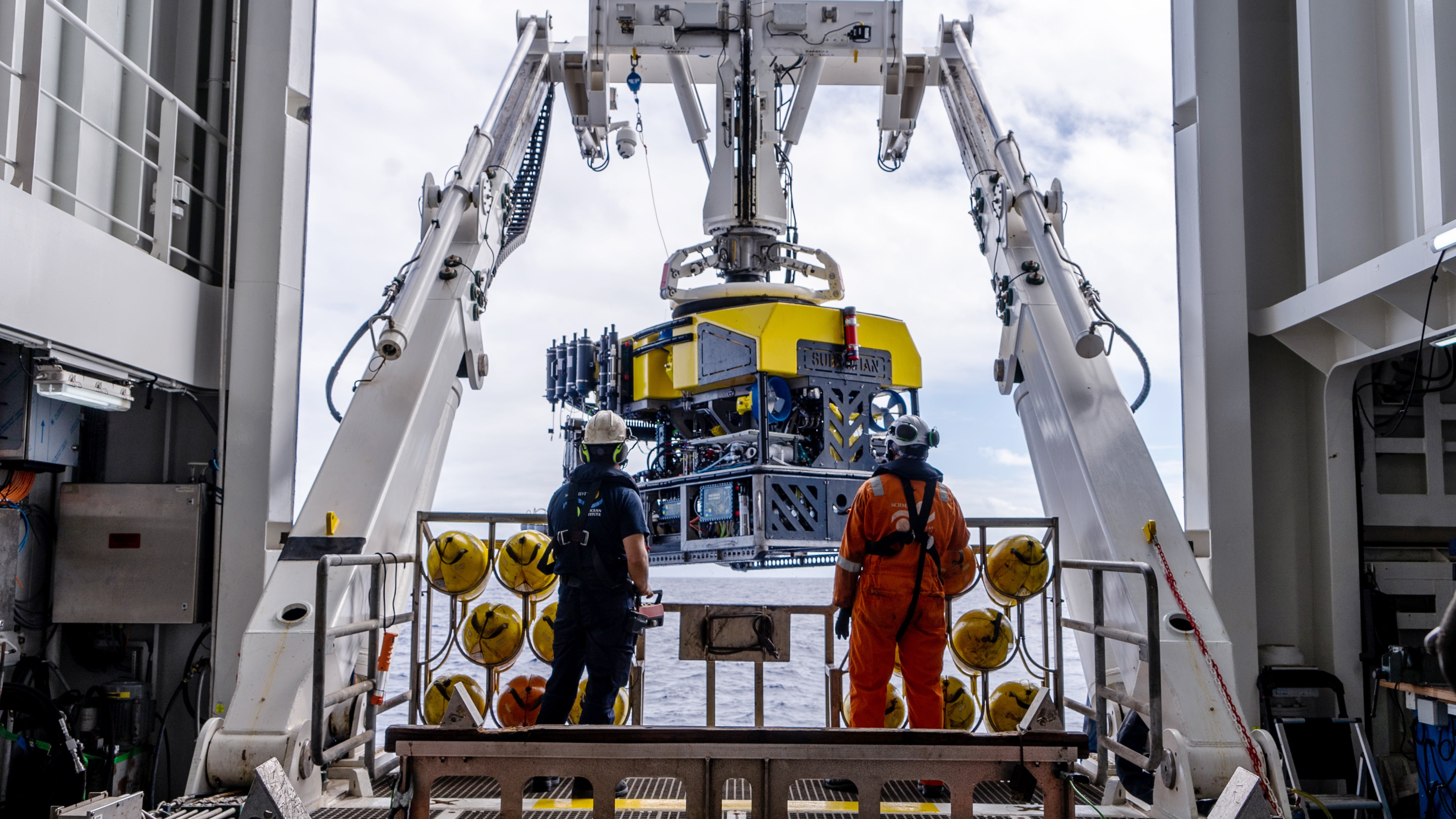 The vents were mapped using a robot known as a remotely operated vehicle, or ROV. In this photo, the ROV, dubbed SuBastian, is pulled out of the water after being in the ocean for 13 hours. The ROV was connected by a cord to the ship, allowing it to stay plugged into power and trasmit video. (Photo: Mónika Naranjo-Shepherd / Schmidt Ocean Institute)