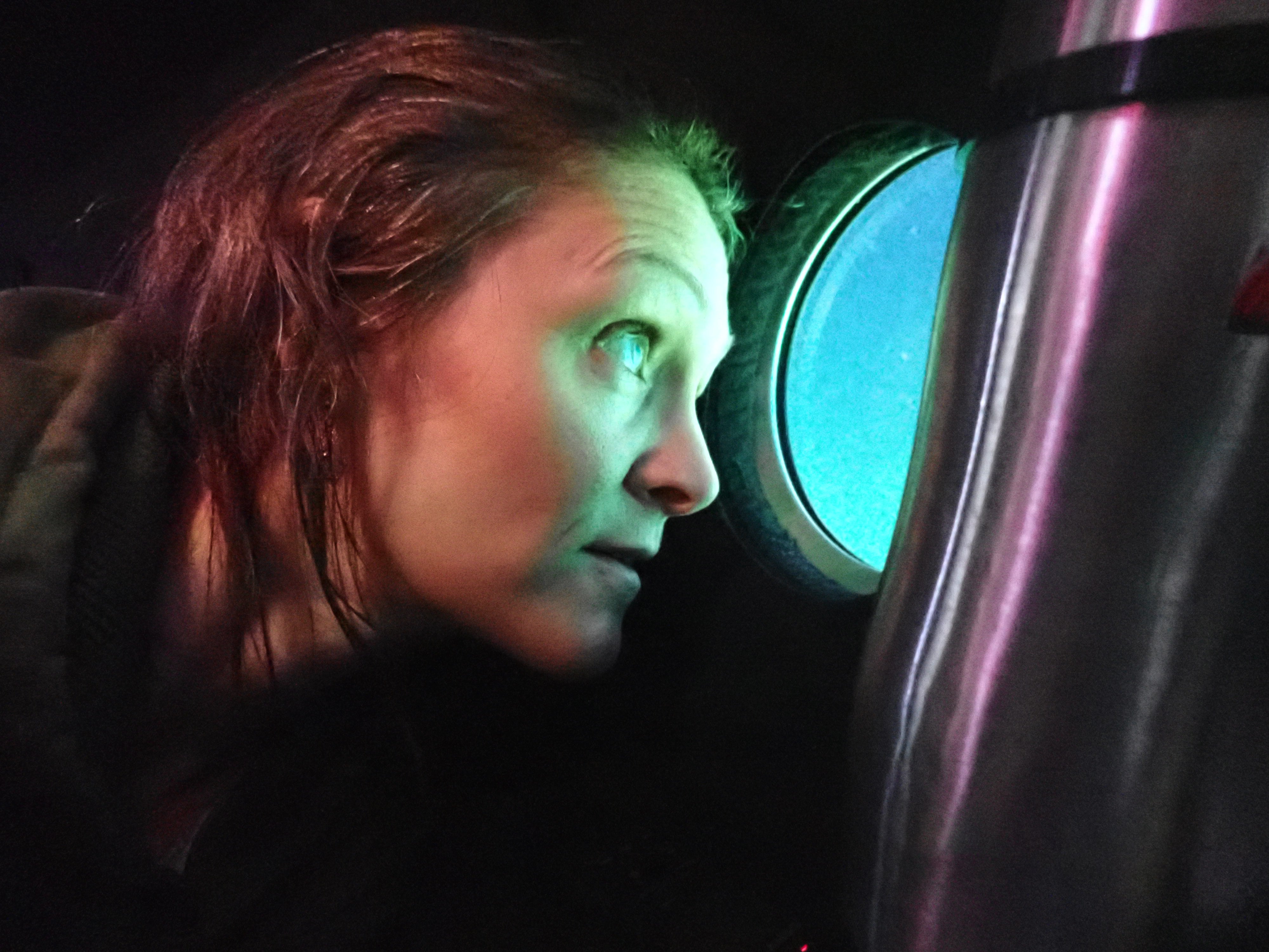 Michelle Taylor, University of Essex, inside Alvin (Photo: Image courtesy of L. Robinson (U. Bristol), D. Fornari (WHOI), M. Taylor (U. Essex), D. Wanless (Boise State U.) NSF/NERC/HOV Alvin/WHOI MISO Facility, 2023 ©Woods Hole Oceanographic Institution)