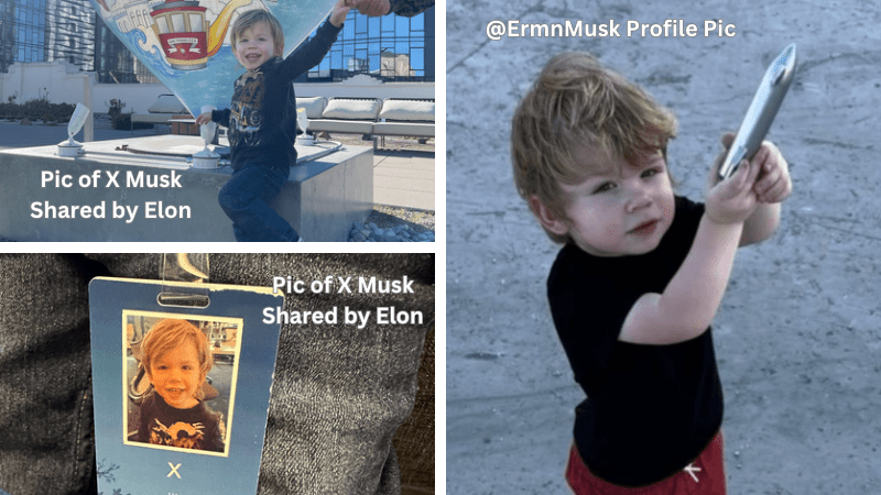 The two photos on the left feature X Musk in photos uploaded by Elon Musk in December 2022. The photo on the right is the profile picture for @ErmnMusk. (Screenshot: Jody Serrano / Gizmodo / @ElonMusk and @ErmnMusk)