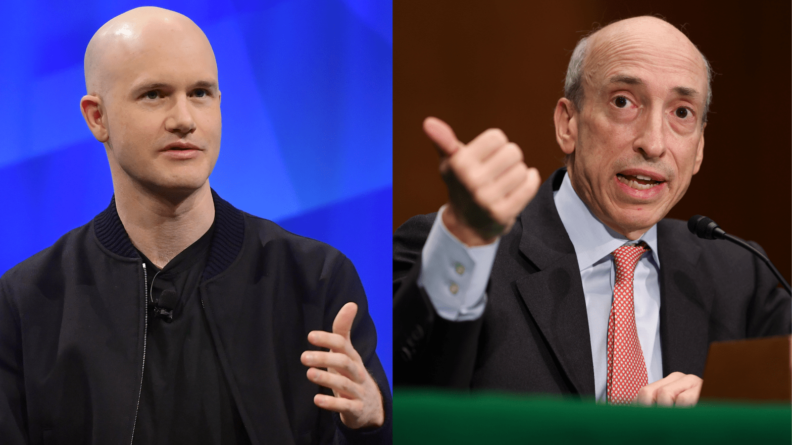 Coinbase CEO Brian Armstrong (left) and SEC Chair Gary Gensler (right) continue to butt heads in a new Coinbase petition against the agency. (Photo: Matt Winkelmeyer / Kevin Dietsch / Gizmodo, Getty Images)