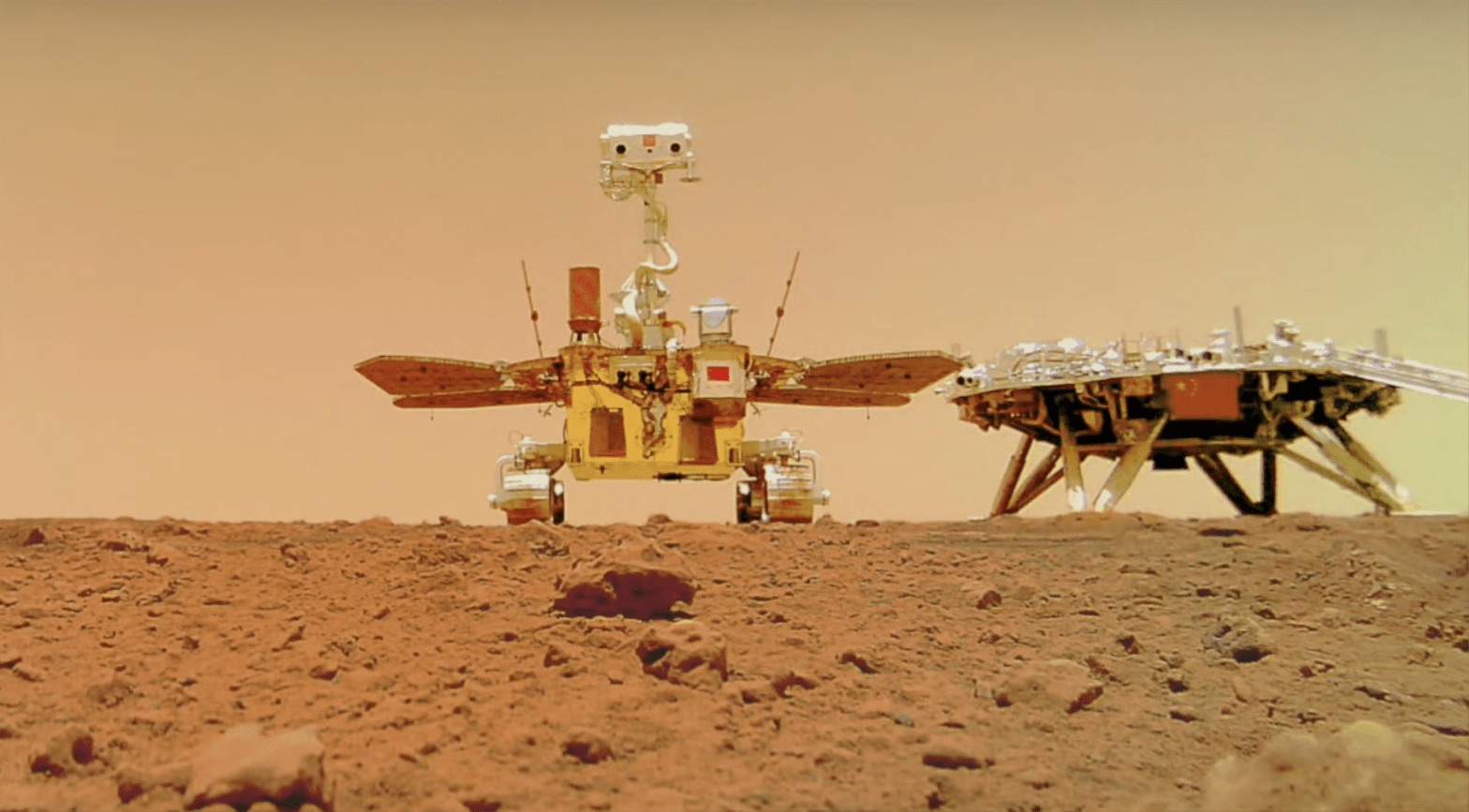 The Chinese rover snapped a selfie on Mars next to its lander shortly after arriving at the Red Planet.  (Image: China National Space Administration)